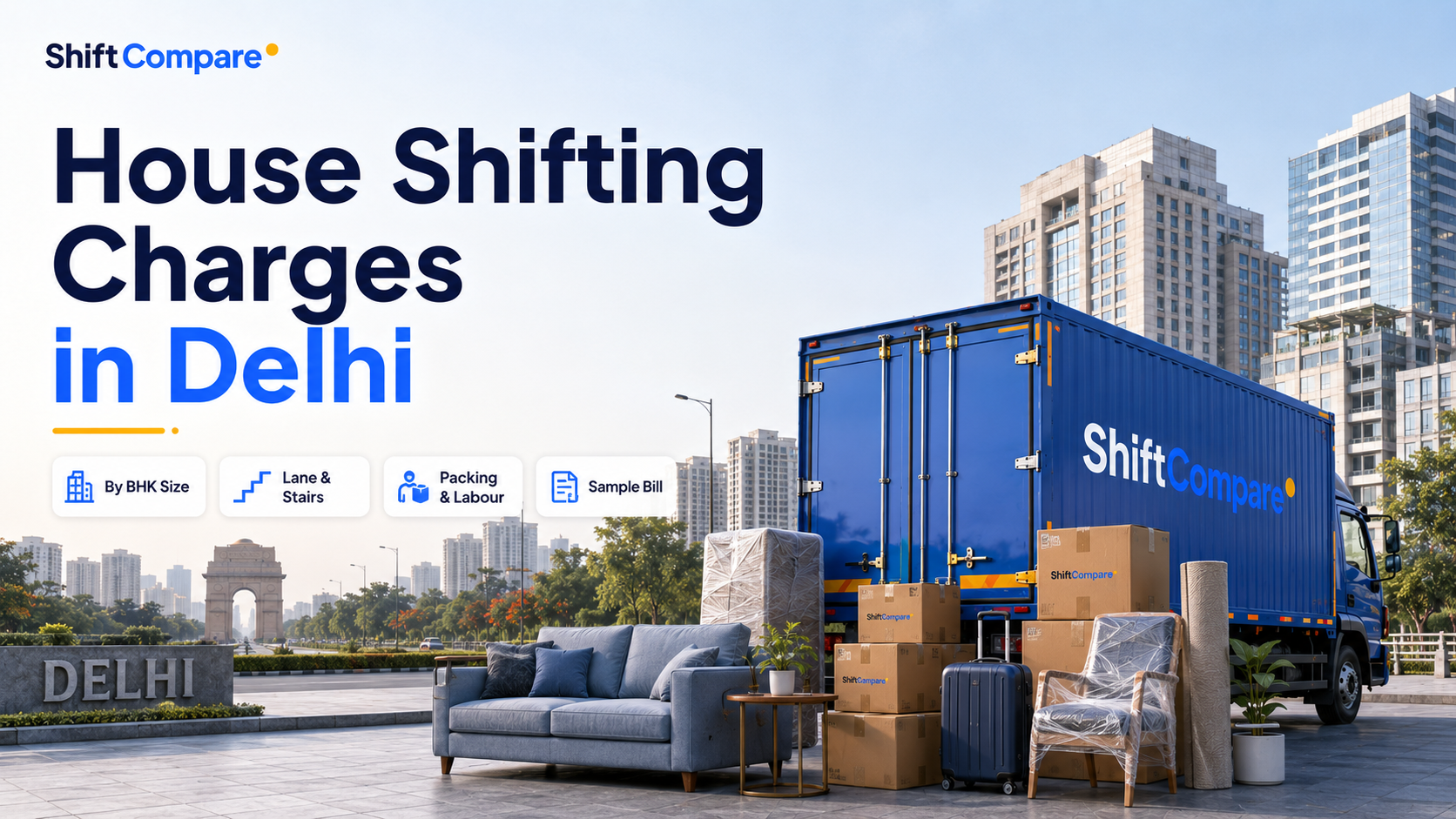 House shifting charges in Delhi by BHK size, packing scope and floor access